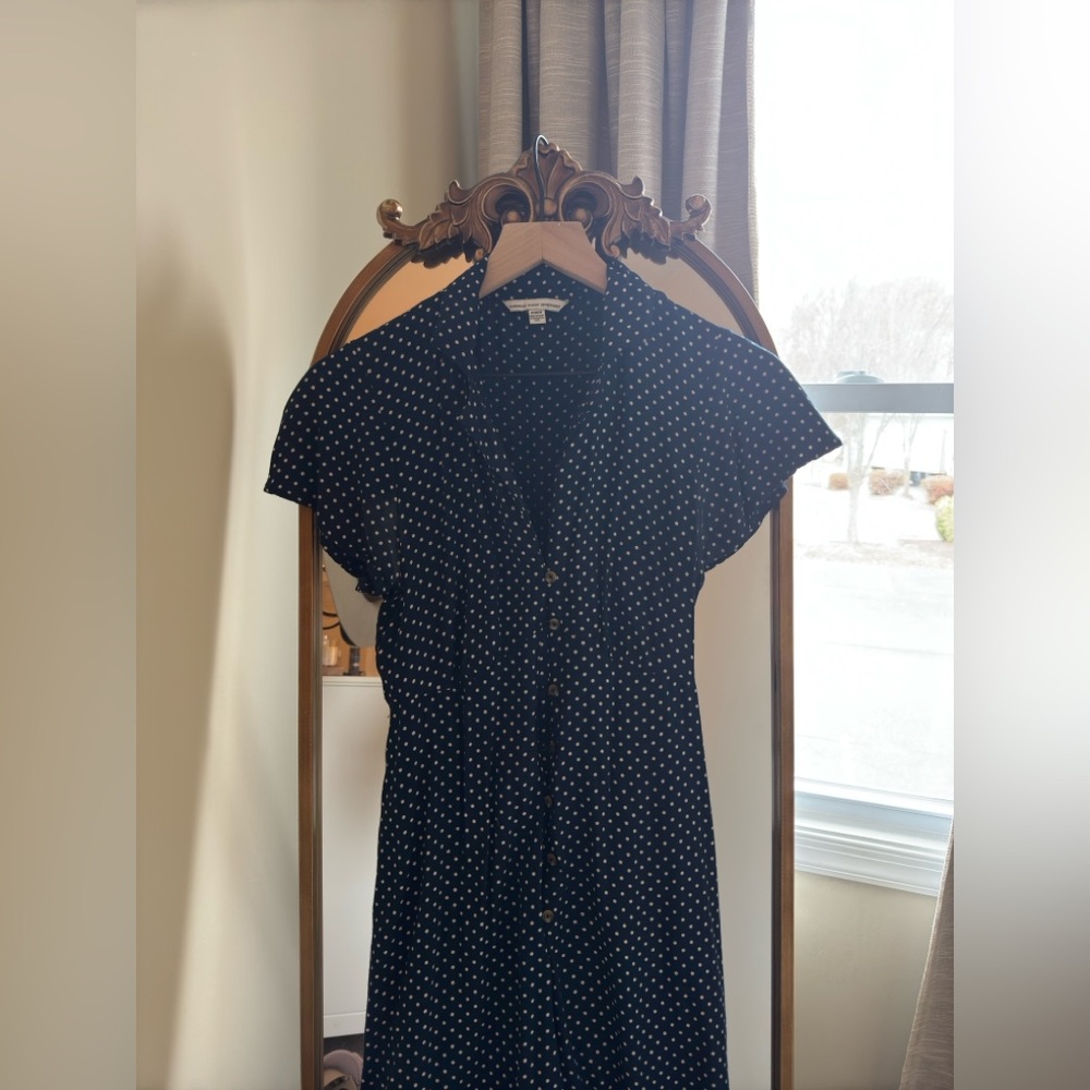 American Eagle Navy and White Polka Dot Romper